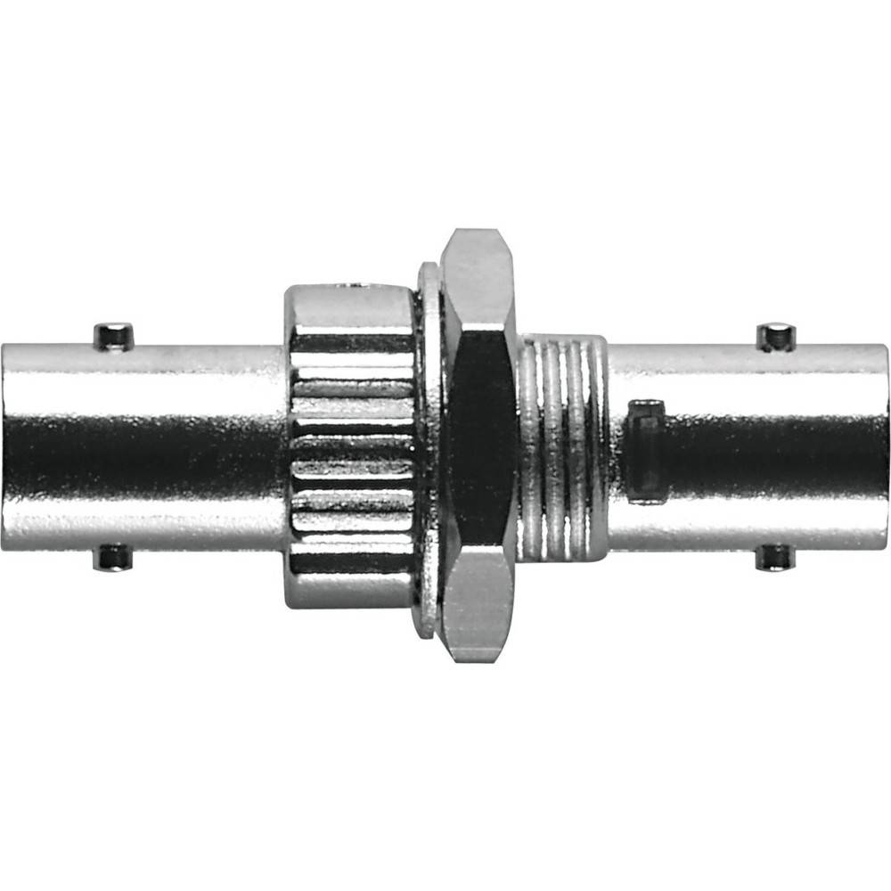 Metallischer koaxialer Steckverbinder mit Gewinde-Sechskantmutter und geripptem Griffbereich, verwendet zum Verbinden von Kabeln in elektronischen Geräten.