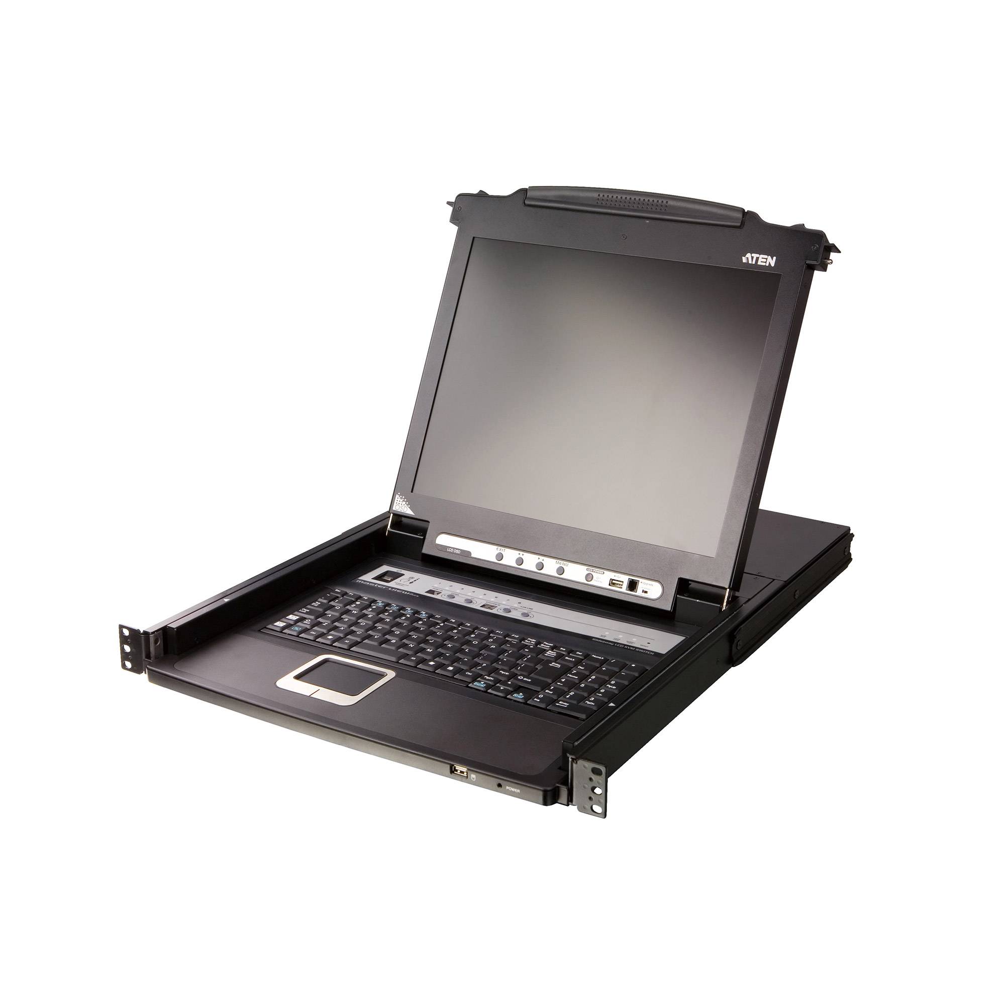 Rackmount-KVM-Konsole mit integriertem Monitor, Tastatur und Touchpad, die auf einem Tablett ausgefahren sind.