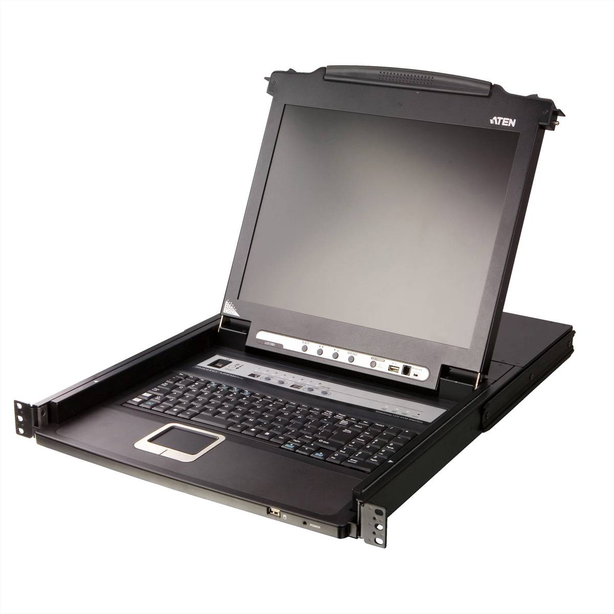 Ein in einem Rack montierter KVM-Konsole mit ausziehbarem LCD-Bildschirm, Tastatur und Touchpad, offen vor weißem Hintergrund.