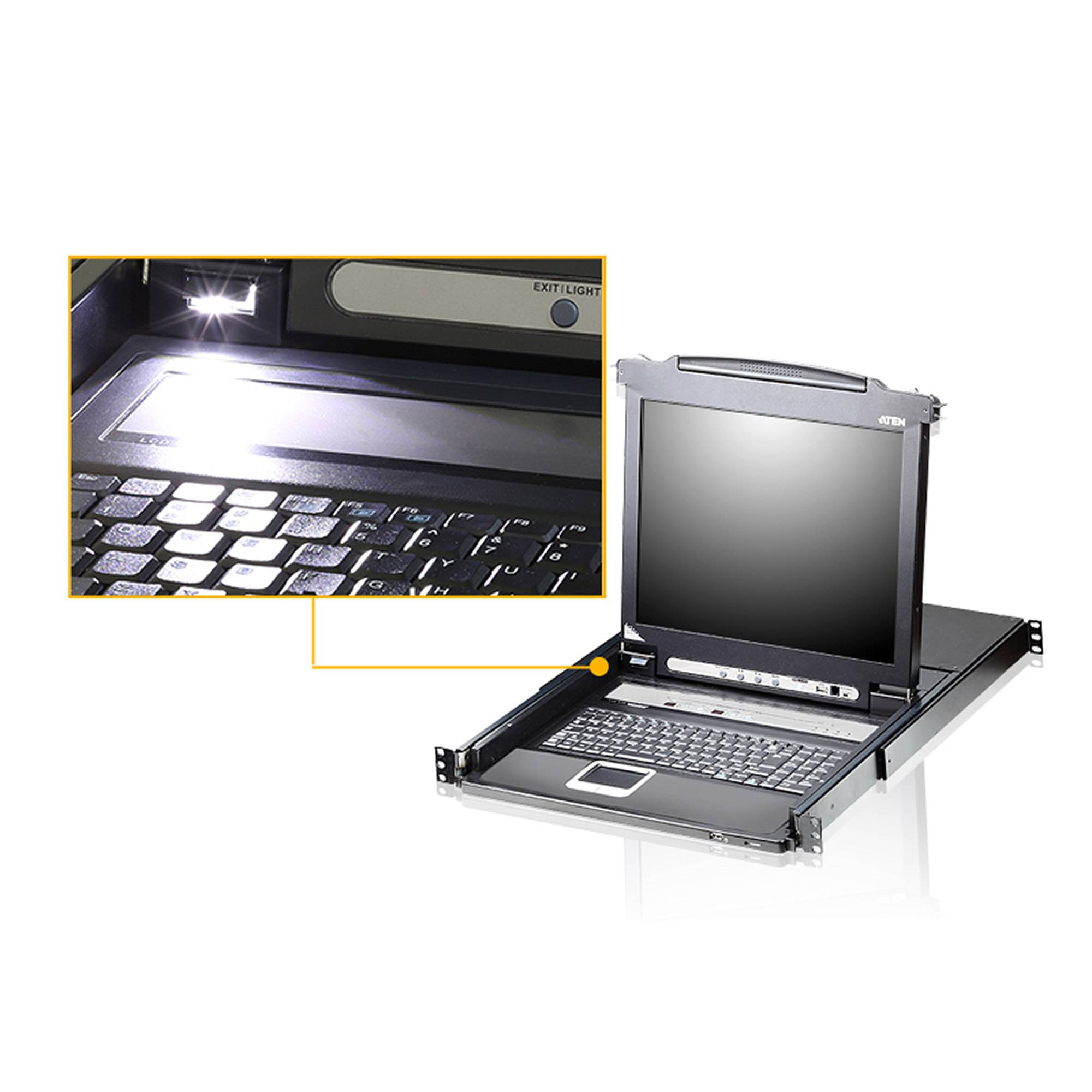 Rack-montierbares KVM-Konsole mit integrierter Laptop-Tastatur und LCD-Monitor; die Einbuchtung zeigt den beleuchteten Tastaturbereich und die Beschriftung „EXIT LIGHT