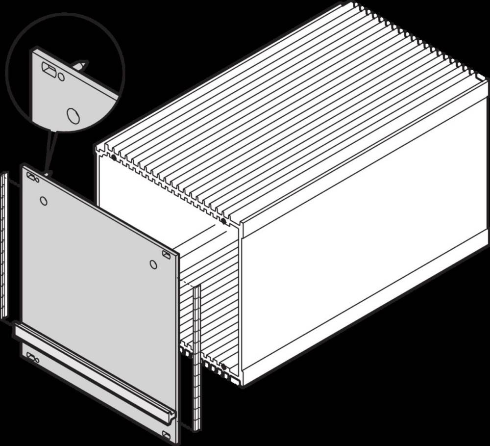 Diagramm eines Serverracks mit Fokus auf detaillierte Komponenten. Hervorgehoben: Befestigungswinkel und Netzschalter. Geeignet für Rack-Aufbau.