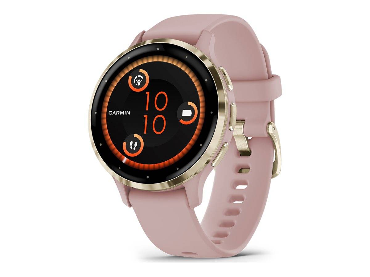 Rosa Smartwatch mit rundem Display, das '10:10' anzeigt und verschiedene App-Symbole aufweist, mit goldenen Akzenten und einem Silikonarmband.