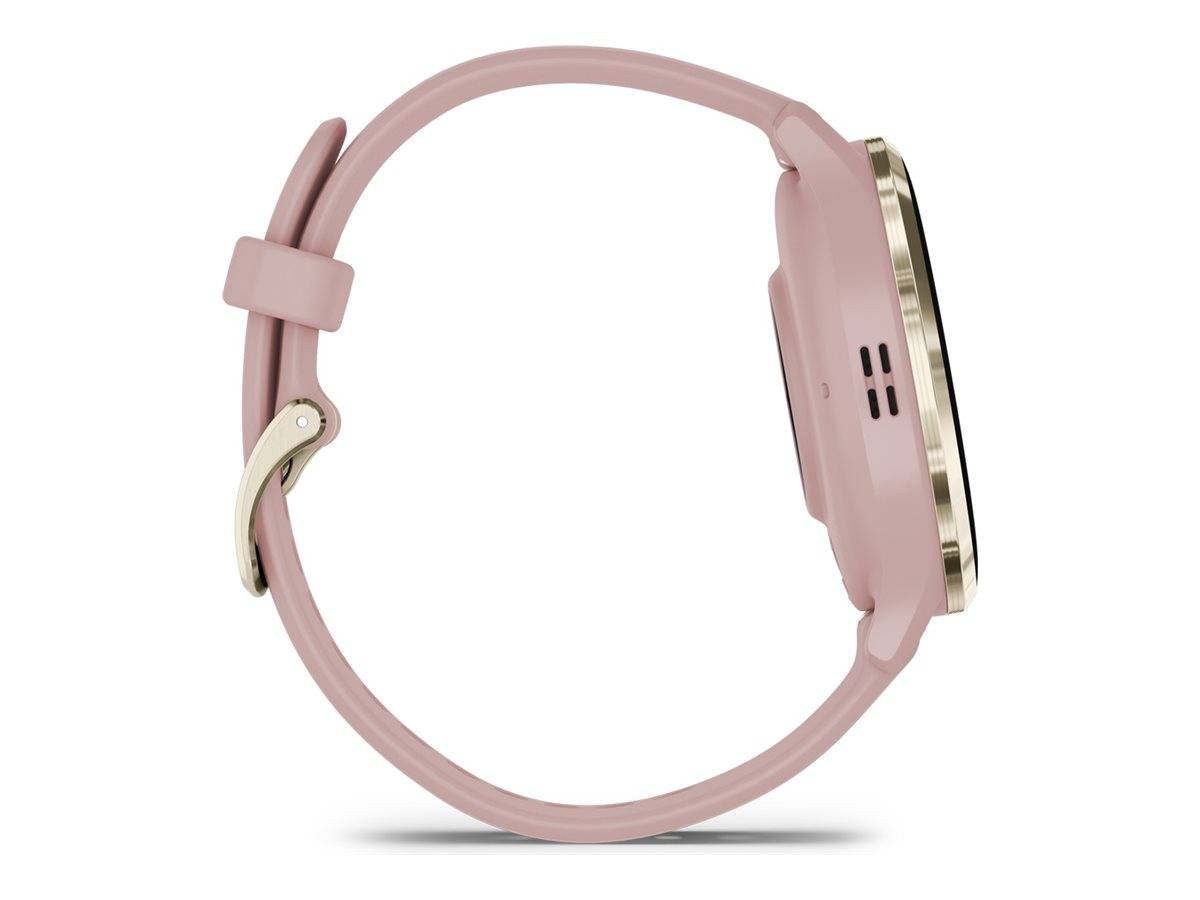 Eine Seitenansicht einer rosa Smartwatch mit goldenem Bezel und Silikonarmband. Das Zifferblatt ist nicht sichtbar.