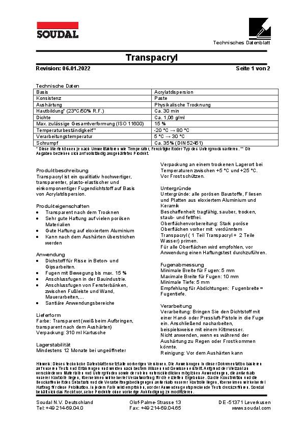 Acryl Transpacryl 310ml transp.Kartusche SOUDAL