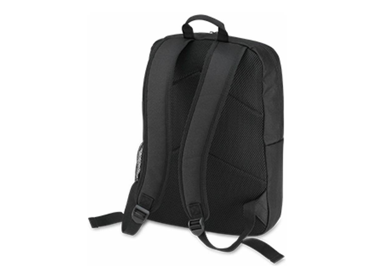 Schwarzer Rucksack von hinten gezeigt, mit gepolsterten Schultergurten, Griff oben und seitlicher Netzmasche auf weißem Hintergrund.