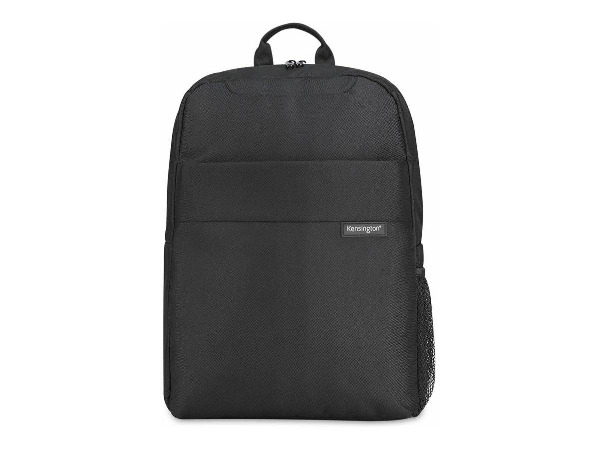 Schwarzer Kensington-Rucksack mit Griffgriff oben, Reißverschlusstasche vorne und seitlicher Netztasche auf weißem Hintergrund.