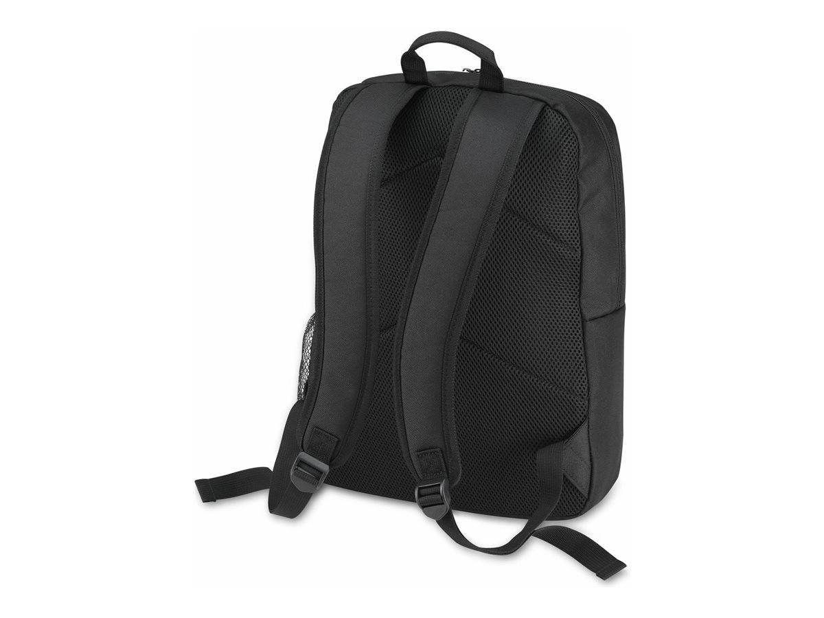 Schwarzer Rucksack von hinten gezeigt, mit gepolsterten Schultergurten, Tragegriff oben und Mesh-Rückseite auf weißem Hintergrund.