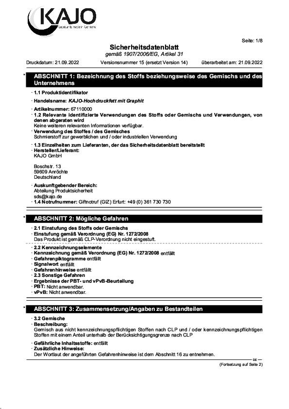 Hochdruckfett graphitiert Grease EP-G 2 500g schwarz Kartusche KAJO