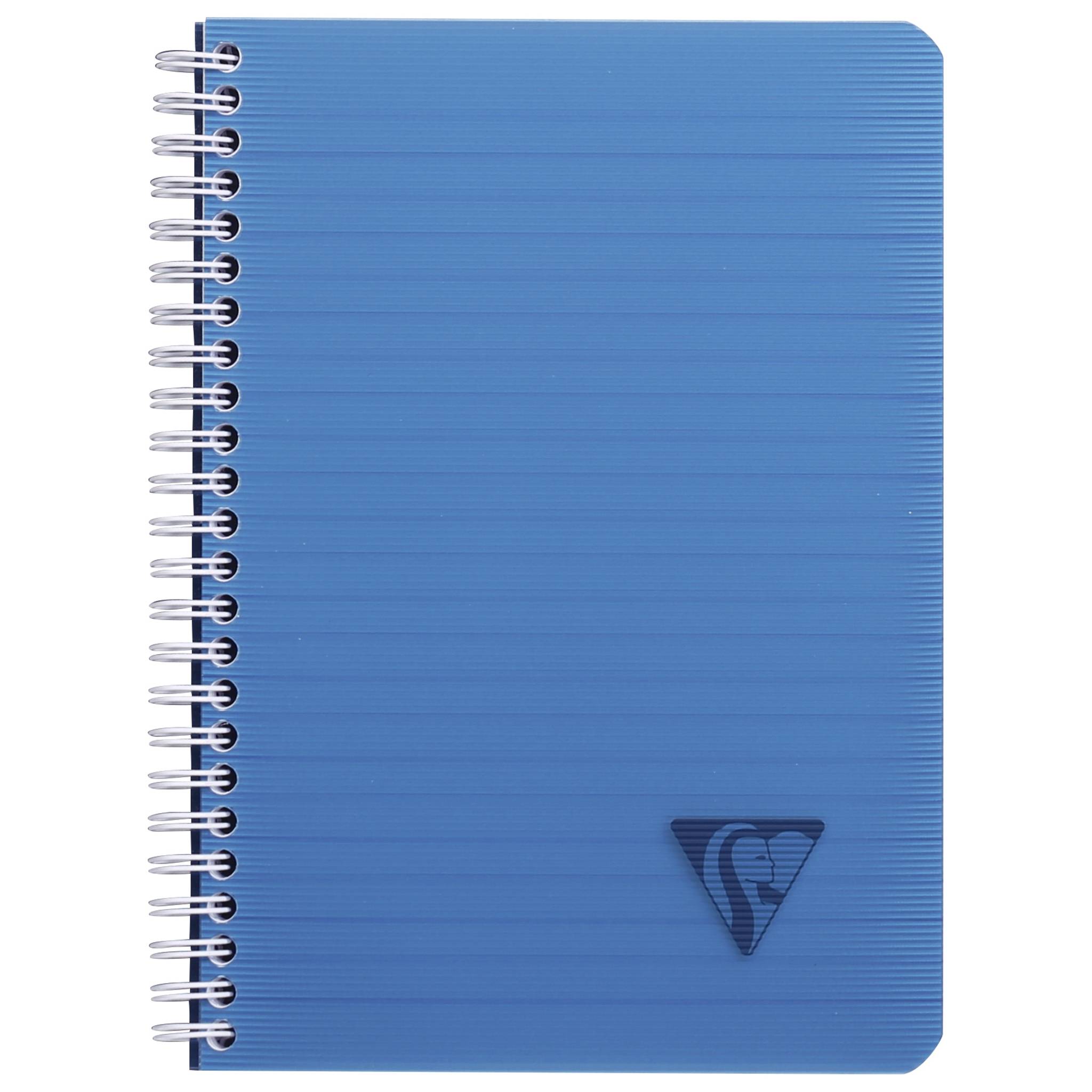Blaues spiralgebundenes Notizbuch mit leerem Einband und kleinem geprägtem Dreieck-Logo in der unteren rechten Ecke.