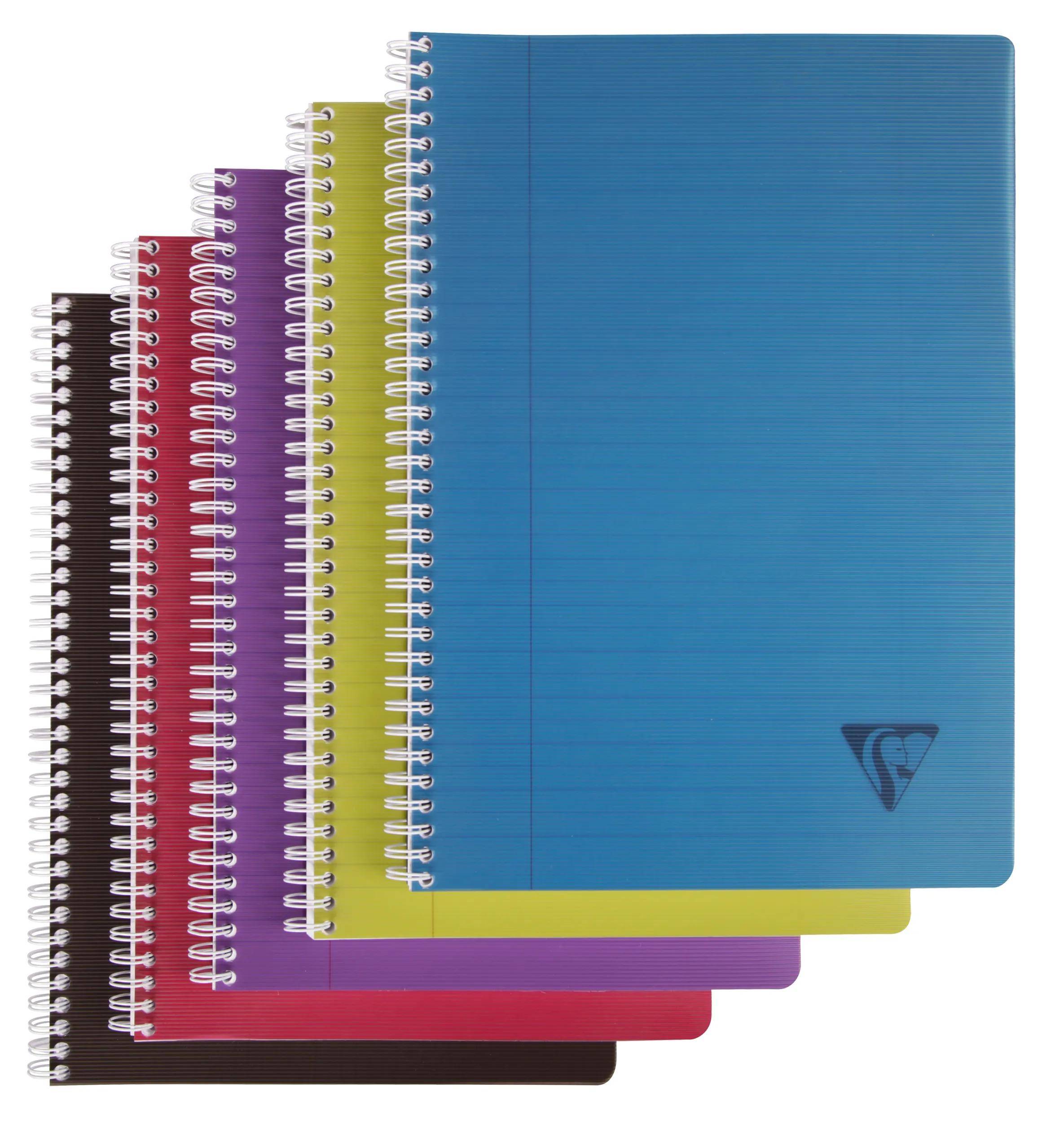 Stapel von fünf spiralgebundenen Notizbüchern in Schwarz, Rot, Lila, Grün und Blau, fächerartig überlappenд auf weißem Hintergrund angeordnet.