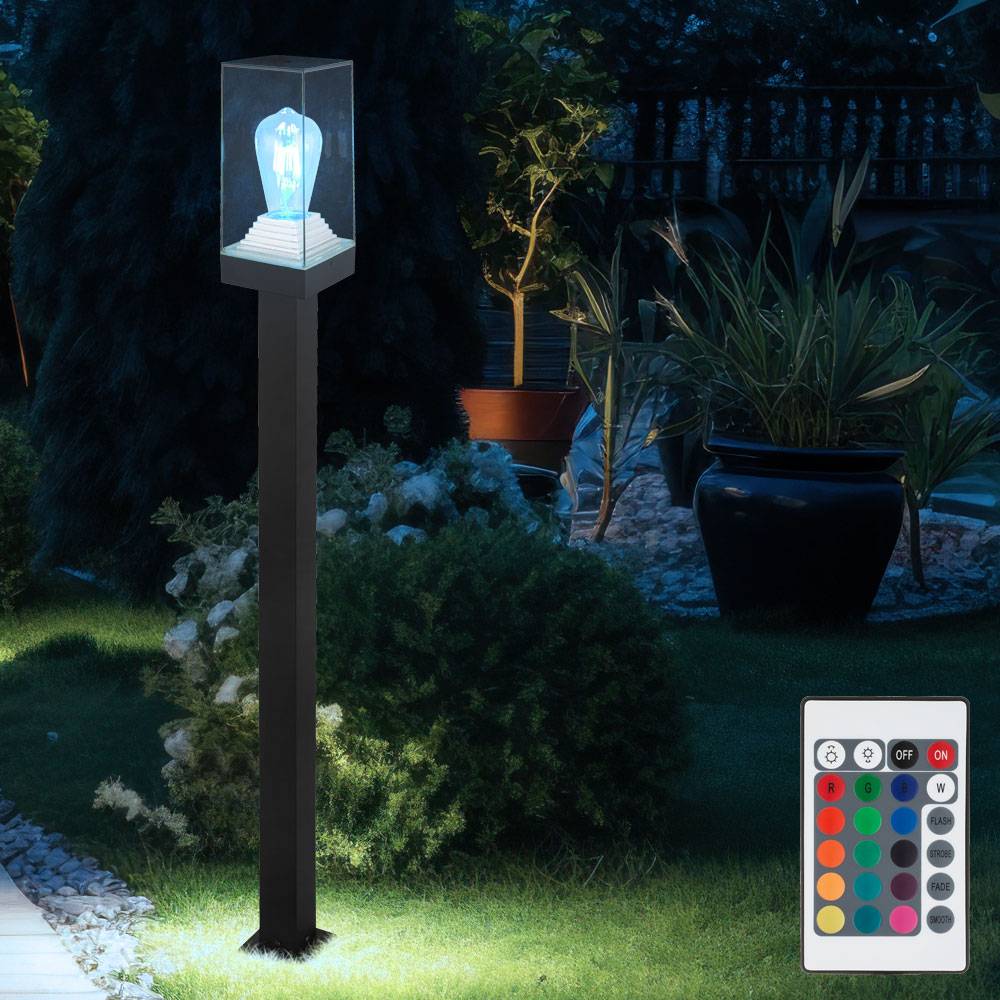Pollerleuchte E27 Wegeleuchten Außen schwarz Aussenleuchten Garten Standleuchte, Alu, Fernbedienung dimmbar, 1x RGB LED 8,5W 806Lm, LxBxH 10x10x100