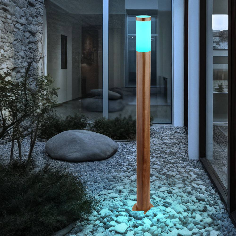 Pollerleuchte mit Bewegungsmelder Außenlampe Sensor Standleuchte Holzoptik, App Steuerung CCT, Edelstahl, 1x Smart RGB LED 8,5W 806Lm, DxH