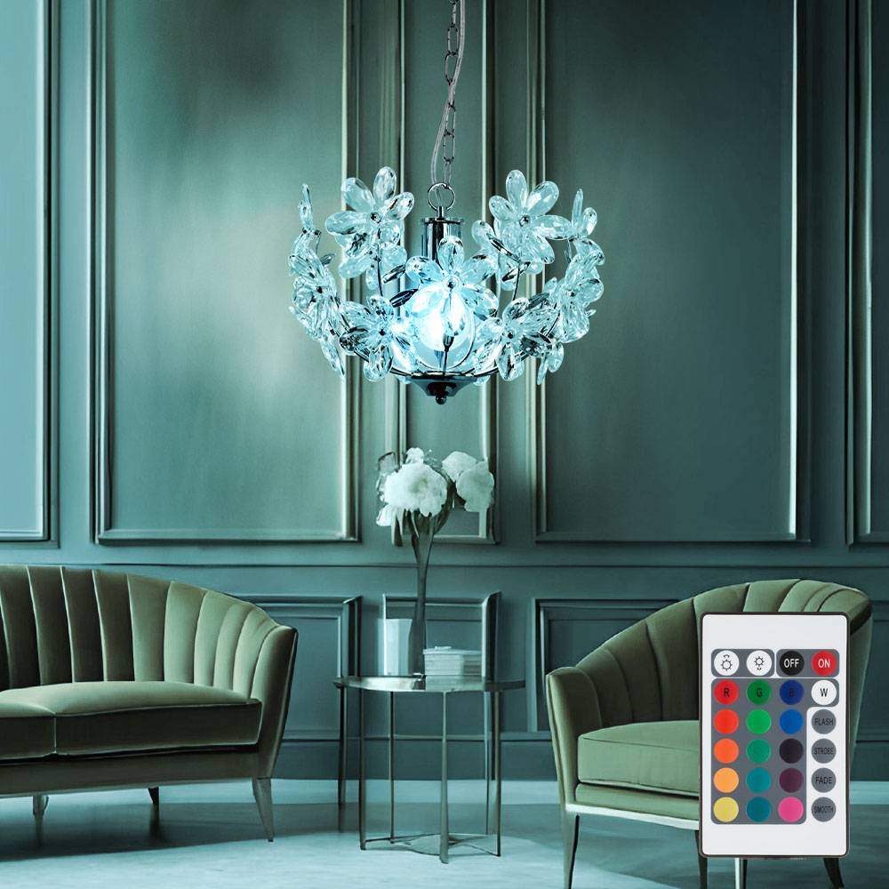 Pendelleuchte Hängeleuchte Blätterleuchte Deckenpendel Blumen Design, Acryl, Chrom, dimmbar Fernbedienung, 1x RGB LED 8,5W 806Lm warmweiß, DxH 34x8
