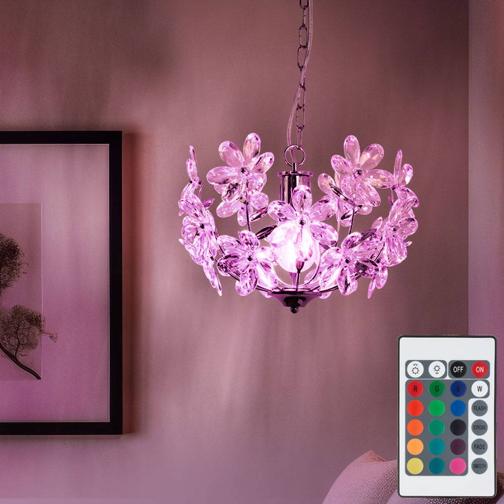 Pendelleuchte Hängeleuchte Blätterleuchte Deckenpendel Blumen Design, Acryl, Chrom, dimmbar Fernbedienung, 1x RGB LED 8,5W 806Lm warmweiß, DxH 34x8