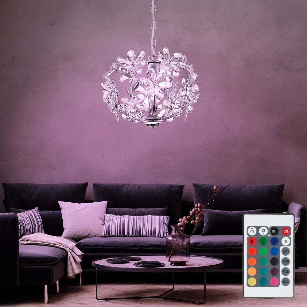 Hängeleuchte Pendelleuchte Blätterleuchte Deckenpendel Blumen Design, Acryl, Chrom, dimmbar Fernbedienung, 1x RGB LED 8,5W 806Lm warmweiß, DxH 34x8