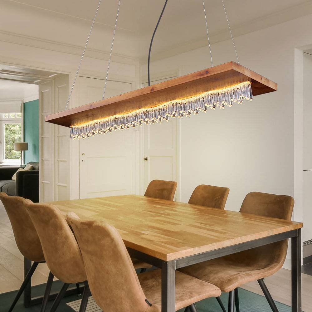 Hängelampe Holz Esszimmerleuchte Kristalldekor LED Pendelleuchte Holz, Höhe anpassbar, Metall schwarz opal klar, 1x LED 30W 2023Lm 3000K, HxLxB 145x