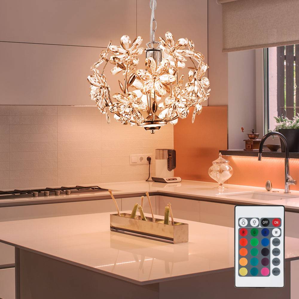 Pendelleuchte Hängeleuchte Blätterleuchte Deckenpendel Blumen Design, Acryl, Chrom, dimmbar Fernbedienung, 1x RGB LED 8,5W 806Lm warmweiß, DxH 34x8