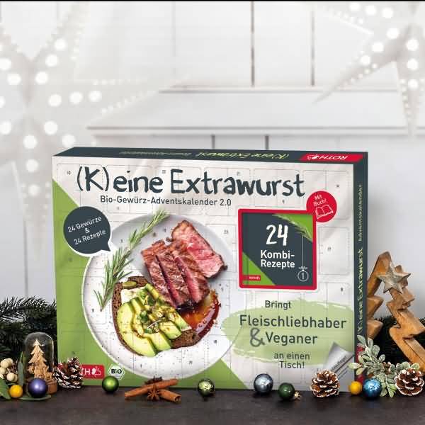 Ein verpackter Adventskalender für würzige Lebensmittel mit dem Titel „(K)eine Extrawurst