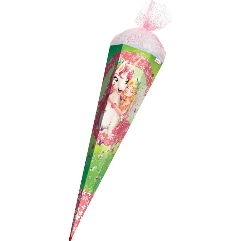 Eine bunte Schultüte mit einem grün-rosa Design, die Illustrationen einer Märchenfigur und eines Pferdes zeigt, oben mit rosa Tüll abgeschlossen.