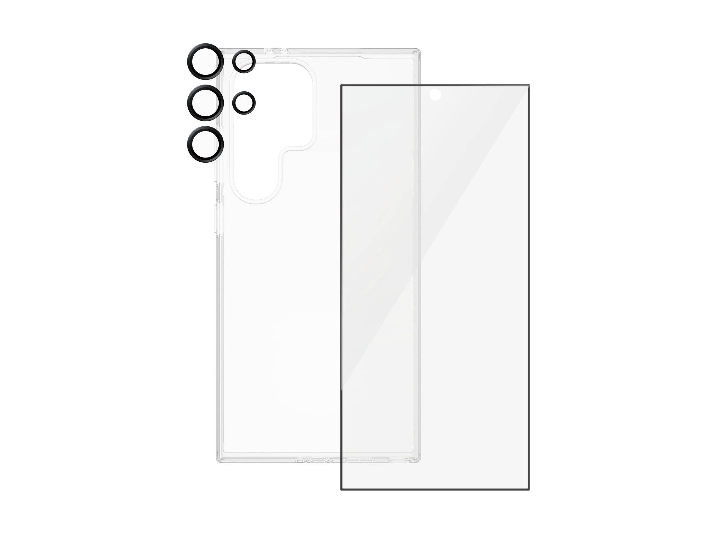Transparente Handyhülle und separater Displayschutz in Produktbildern dargestellt, mit Aussparungen für mehrere Rückkameras.