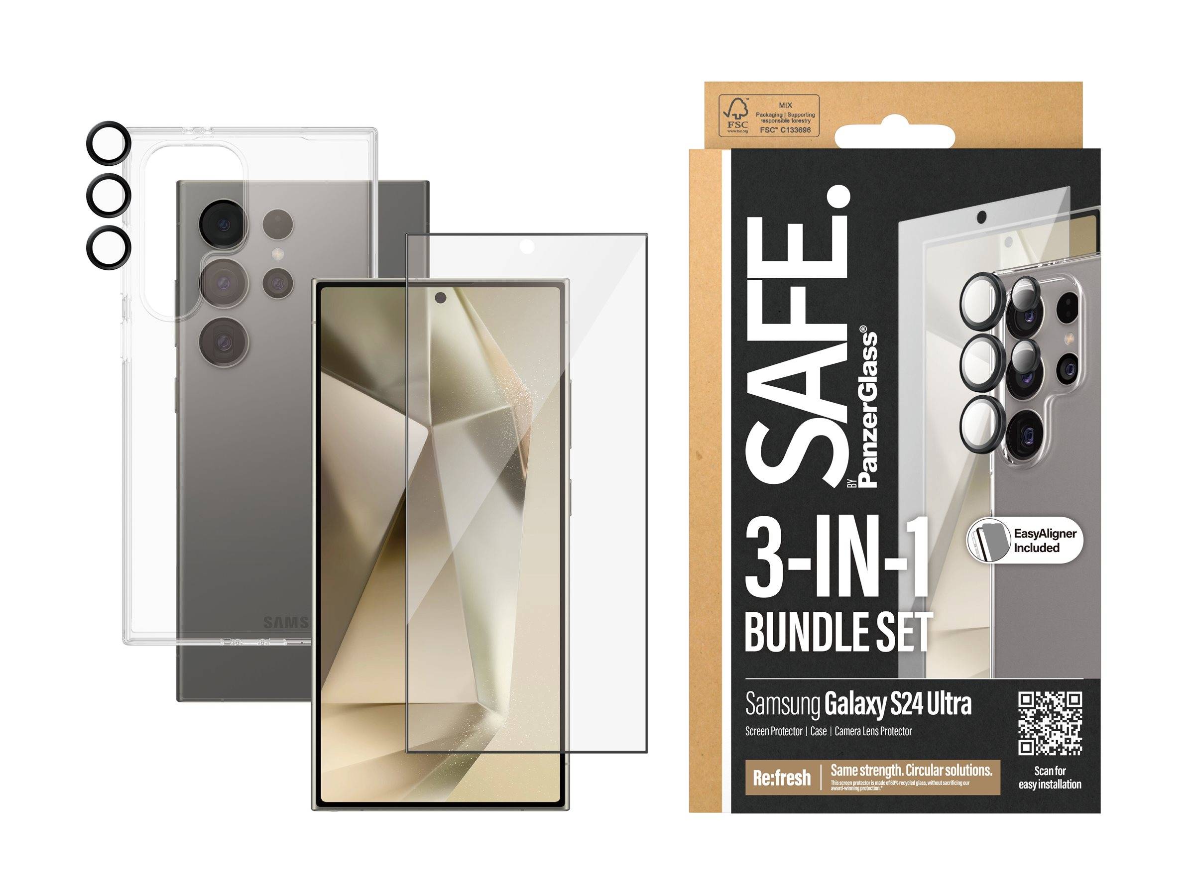 Drei klare Displayschutzfolien für Samsung Galaxy S24 Ultra, gezeigt mit einer gehäusekompatiblen Verpackung mit der Bezeichnung „SAFE