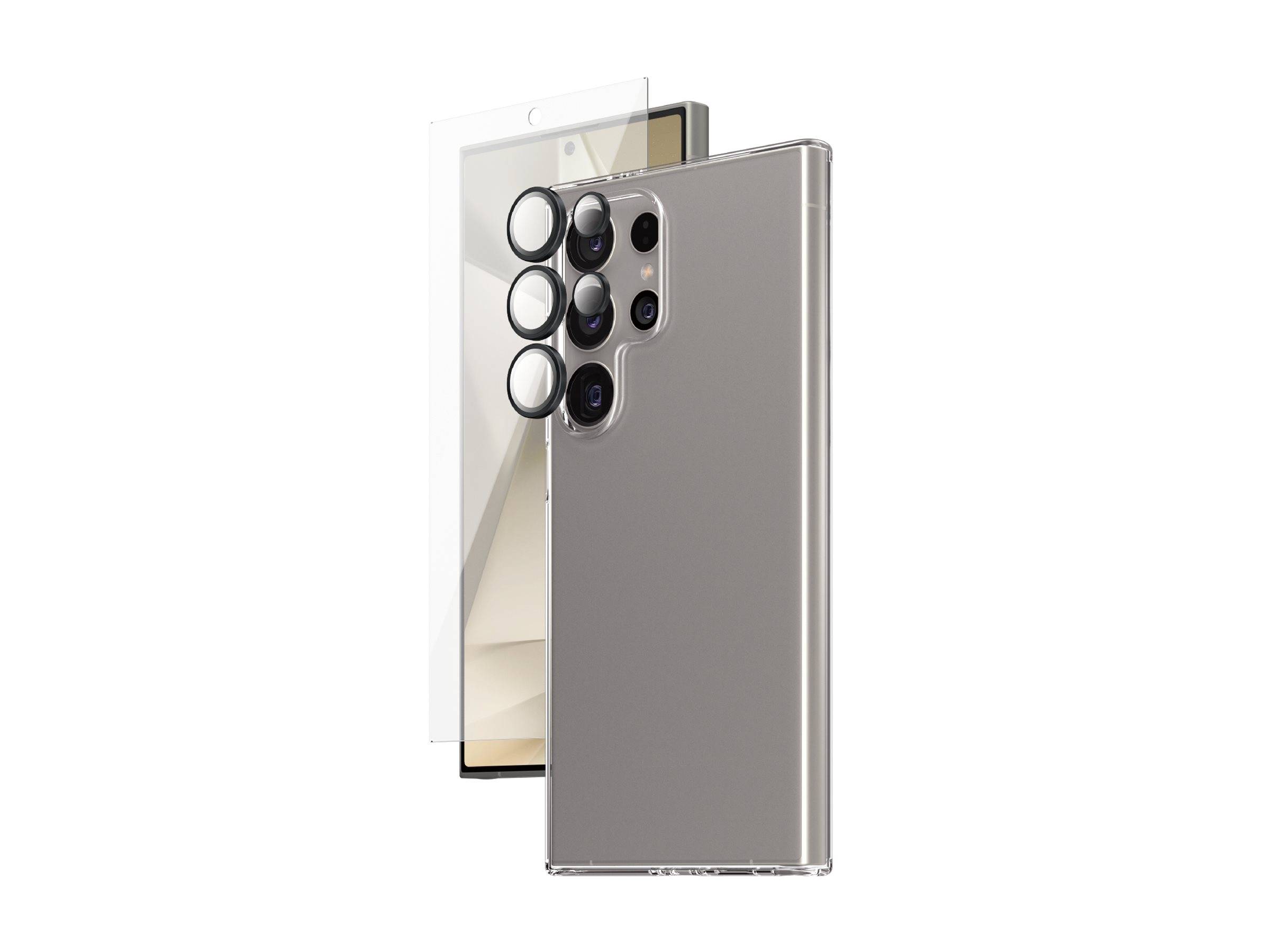 Ein silbernes faltbares Smartphone, halbgeöffnet, das das innere Display und die dreifache hintere Kameraanordnung auf weißem Hintergrund zeigt.