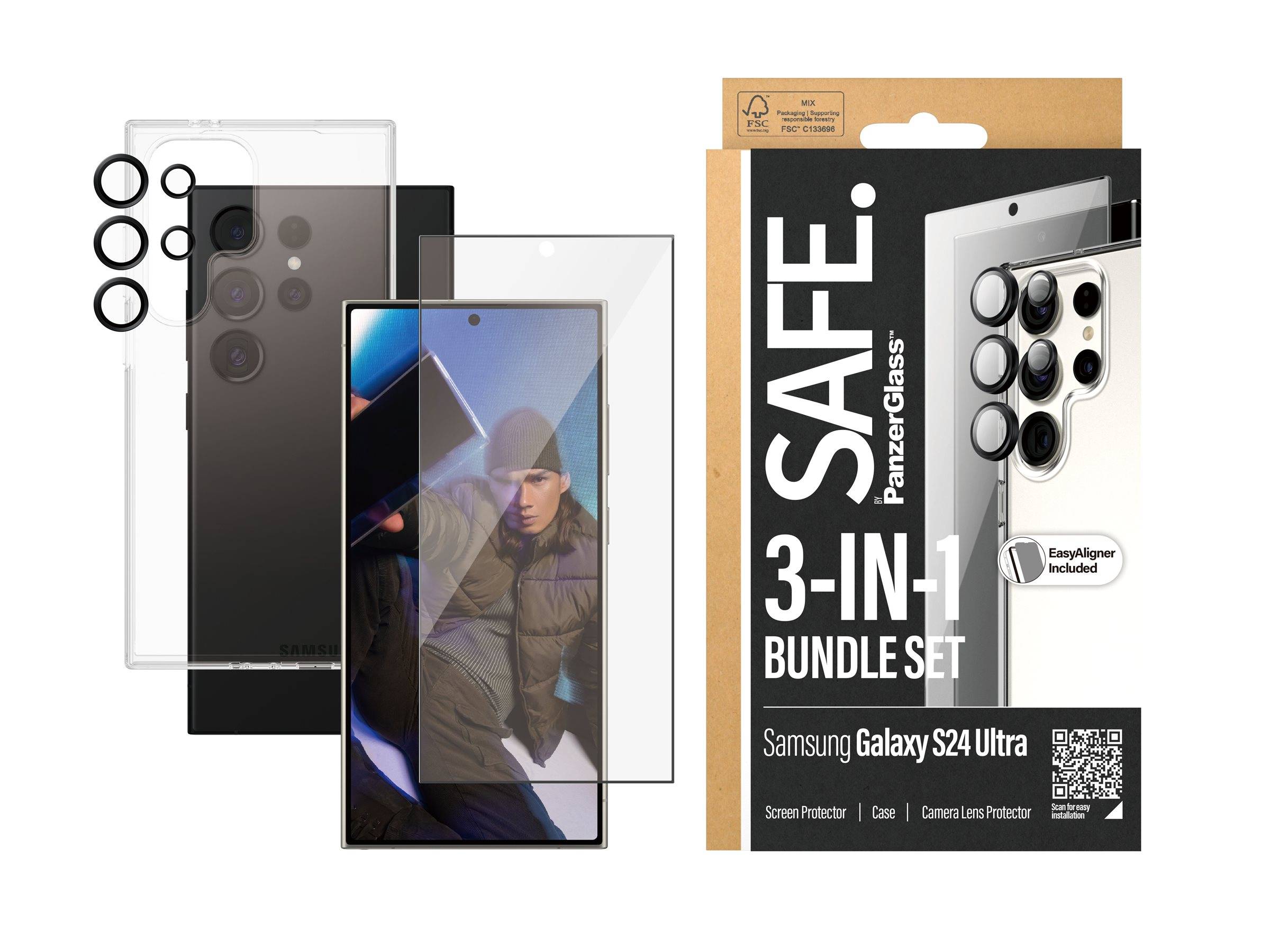 Verpackung für ein Samsung Galaxy S24 Ultra 3-in-1-Sicherheitspaket-Set mit Bildschirm-, Hülle und Kameraobjektiv-Schutzvorrichtungen mit dem auf der Anzeige platzierten Telefon.