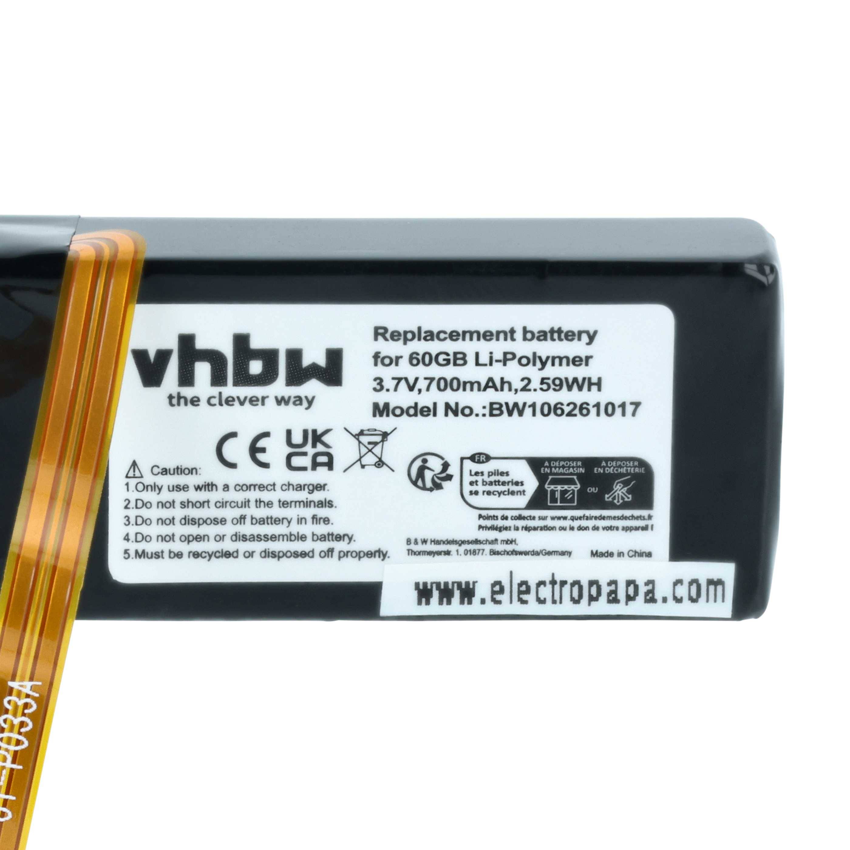 Ersatzbatterie-Pack für einen 60GB iPod mit Details: 3,7V, 700mAh, Li-Polymer. Marke 'vhbw'. Sicherheitssymbole und Anweisungen aufgedruckt.