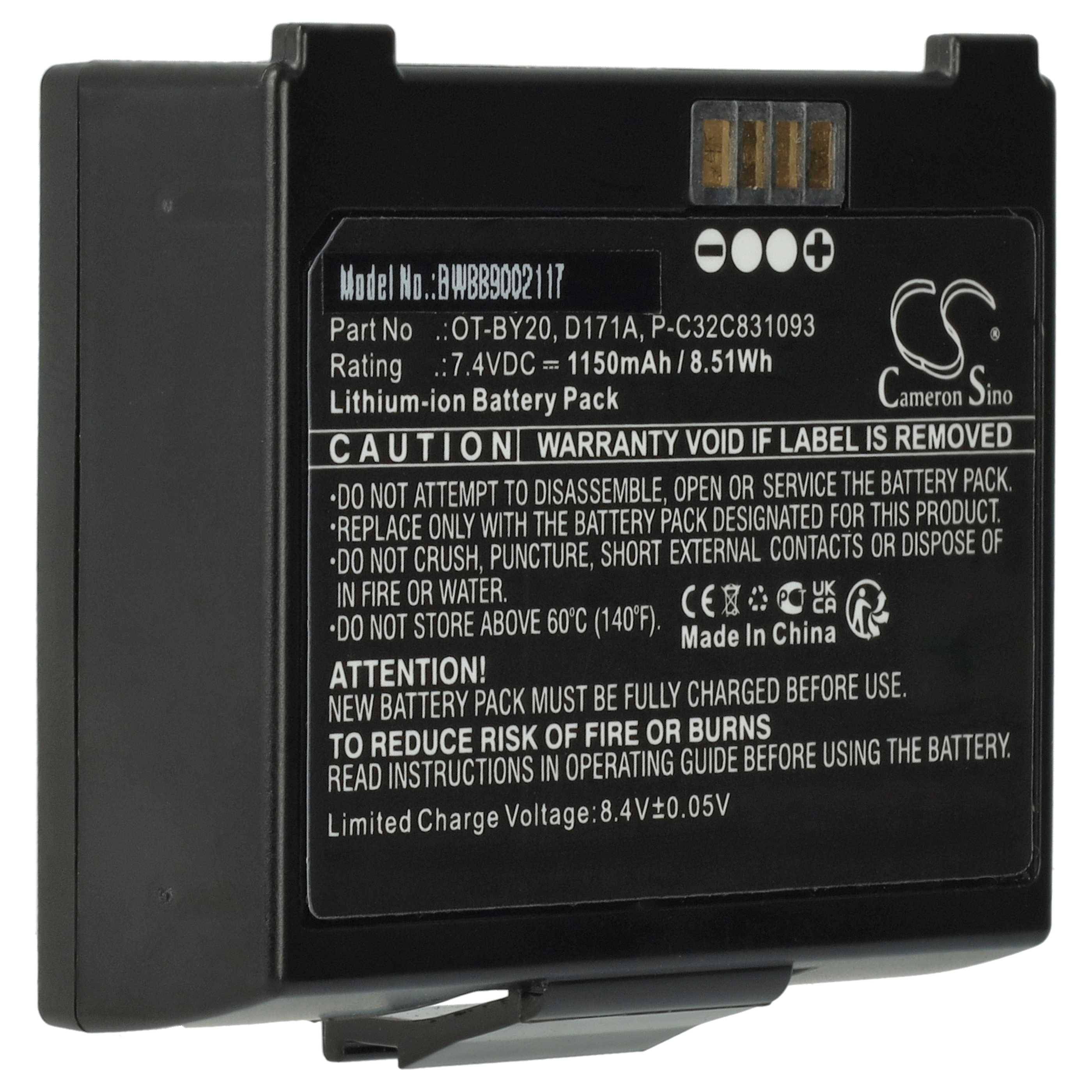 Schwarzer Akku mit Modell, Teilenummer und Bewertung von 7,4 VDC, 1150 mAh/8,51 Wh. Enthält Warnhinweise zur Sicherheit und sachgemäßen Verwendung.
