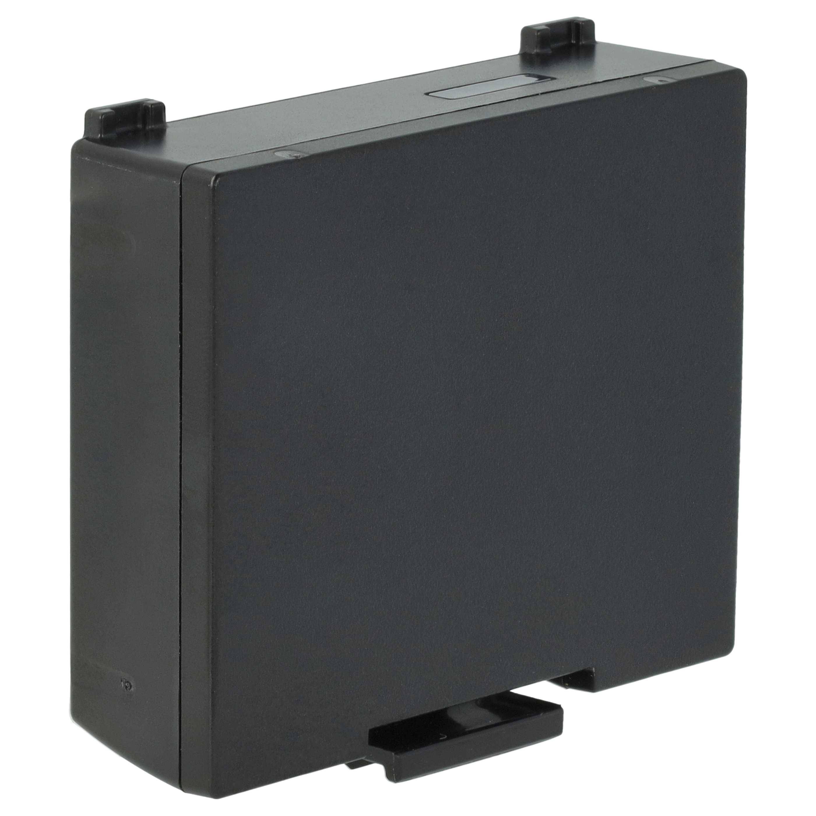 Eine schwarze rechteckige Box mit einem kleinen vorstehenden Schlitz an der Basis, höchstwahrscheinlich eine elektronische Komponente oder eine Batterie.