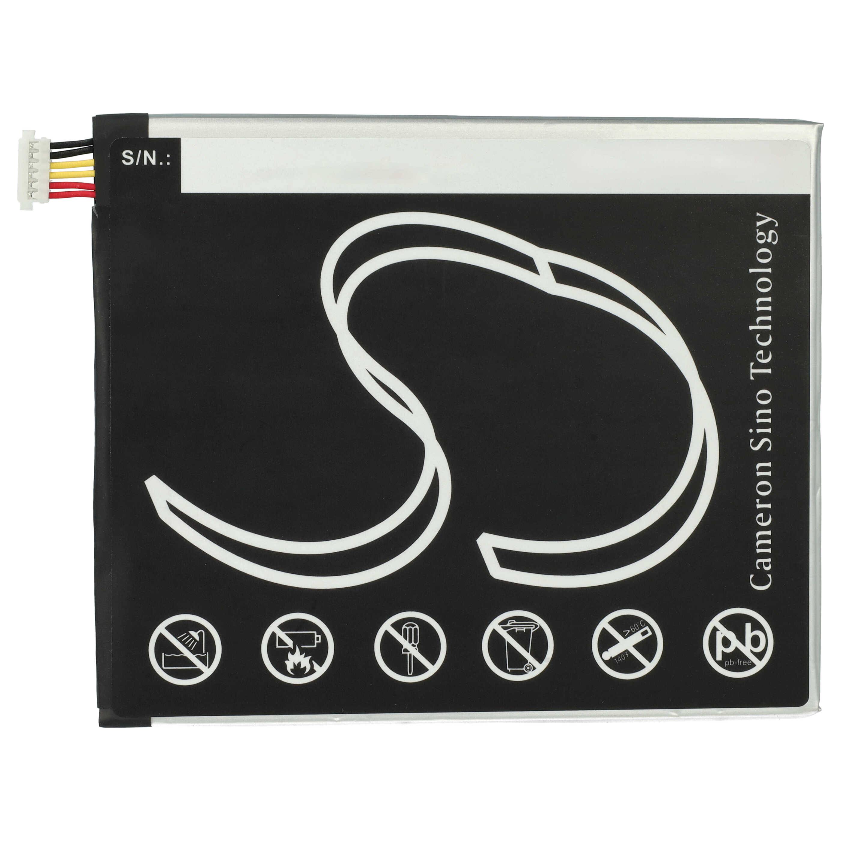 Lithium-Polymer-Akku mit Anschluss. Symbole zeigen: Nicht ins Feuer werfen, trocken halten, nicht durchstechen, recyceln.