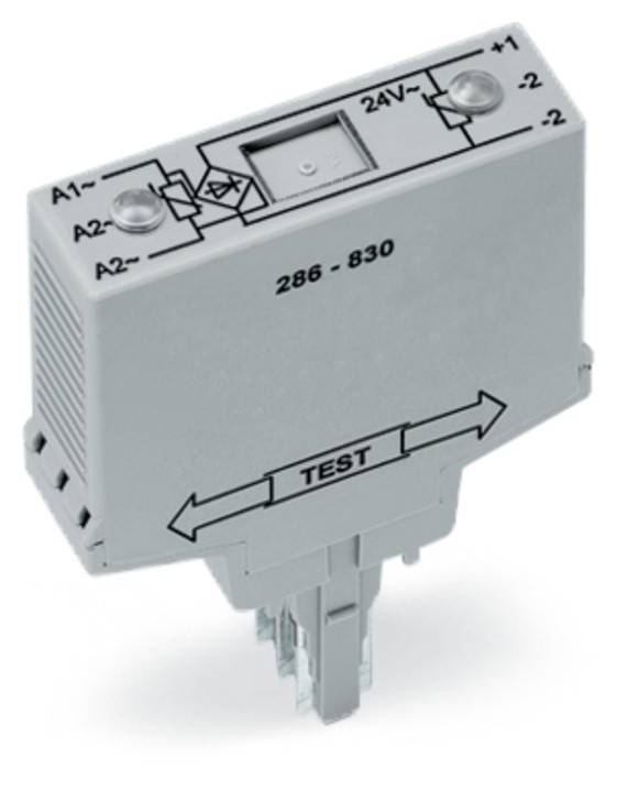 Ein Relaismodul mit Testtaste, beschriftet mit ‚TEST', zeigt Anschlusspunkte A1, A2, 1, 2 und 24V für elektrische Schaltkreise.