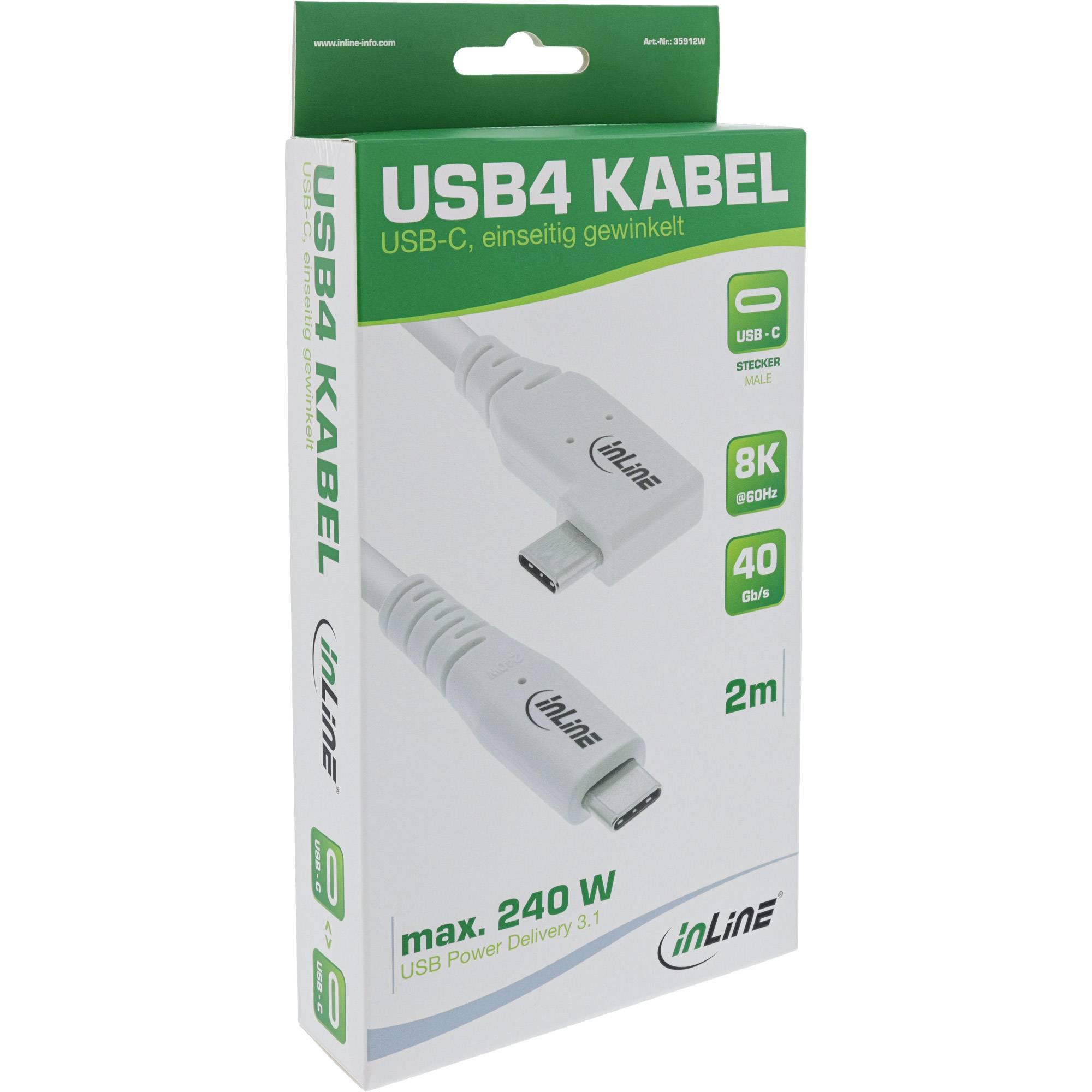 INLINE - USB4 Kabel - USB-C - einseitig gewinkelt - PD 240W - 8K60Hz - TPE - weiß - 2m