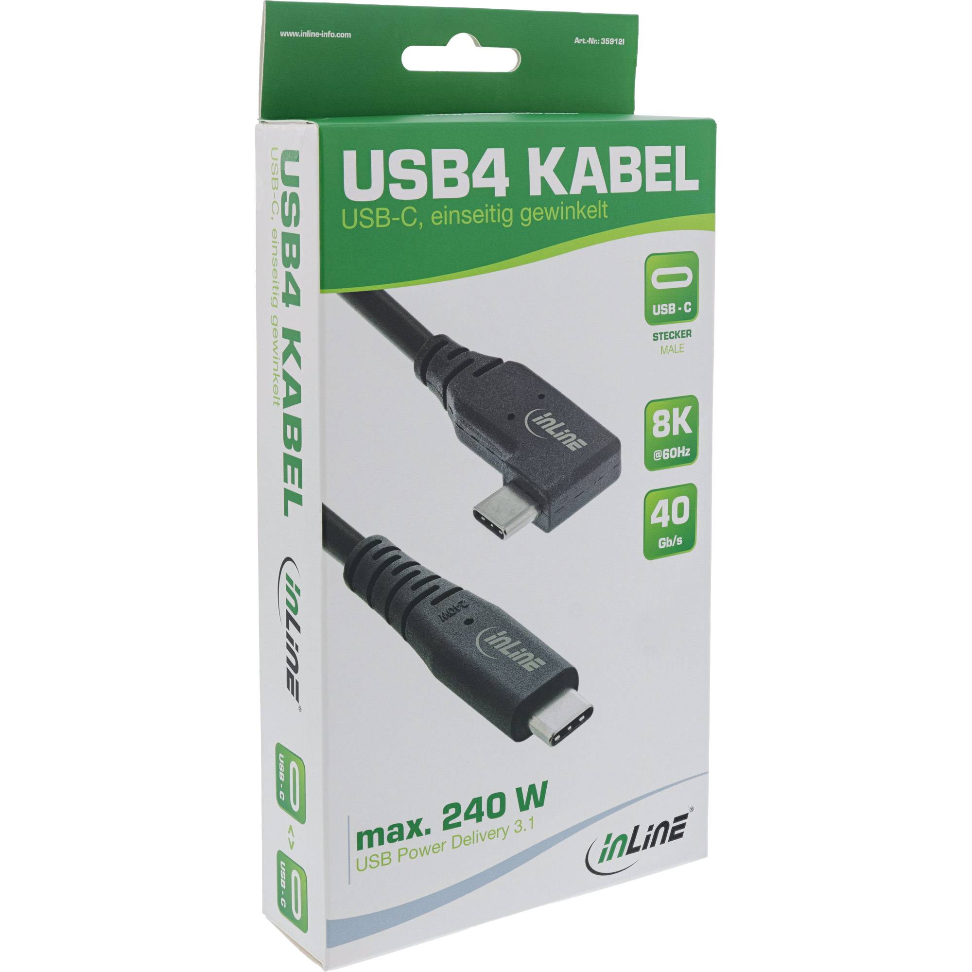 INLINE - USB4 Kabel - USB-C einseitig gewinkelt - PD 240W 8K60Hz - TPE schwarz - 0,5m