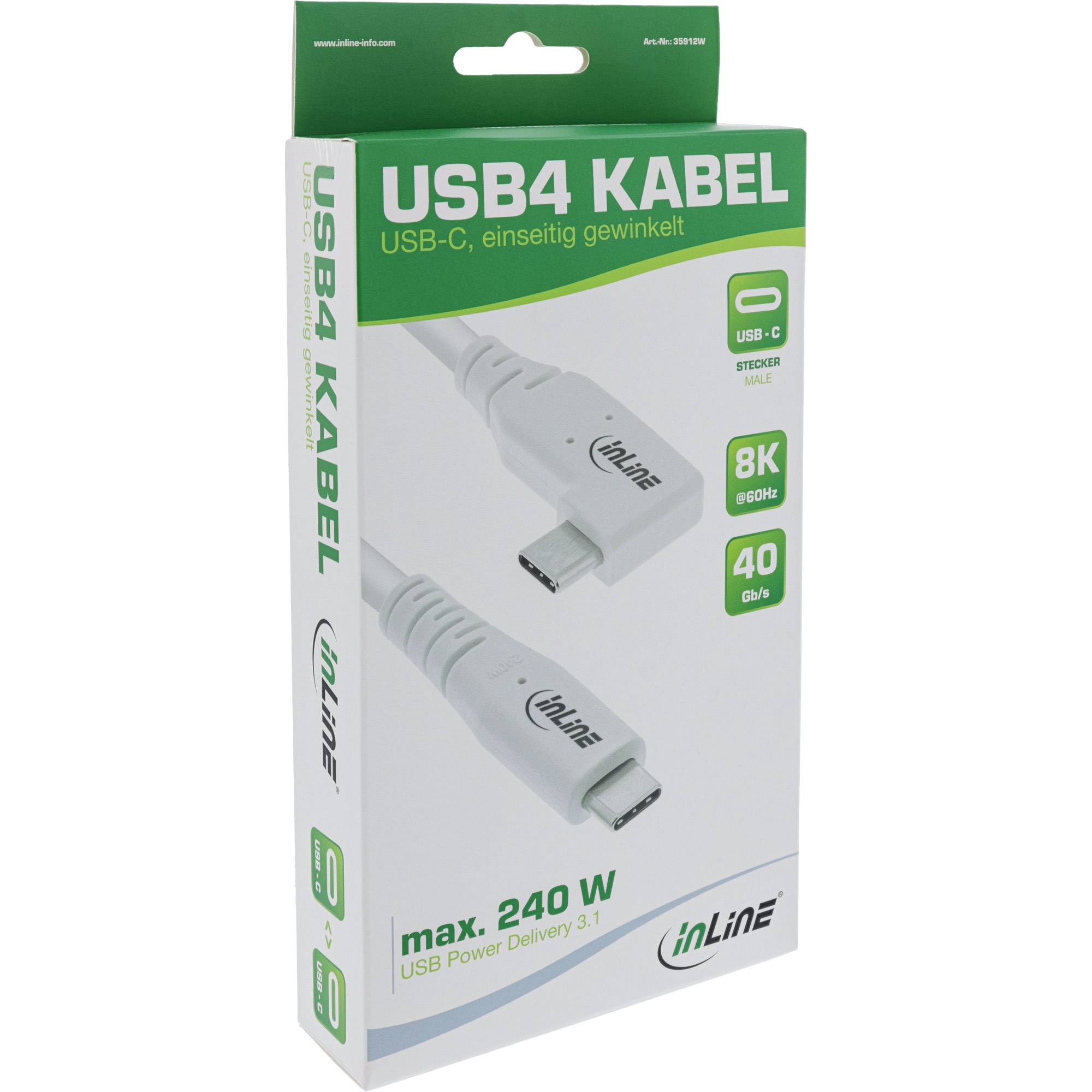 INLINE - USB4 Kabel - USB-C - einseitig gewinkelt - PD 240W - 8K60Hz - TPE - weiß - 2m