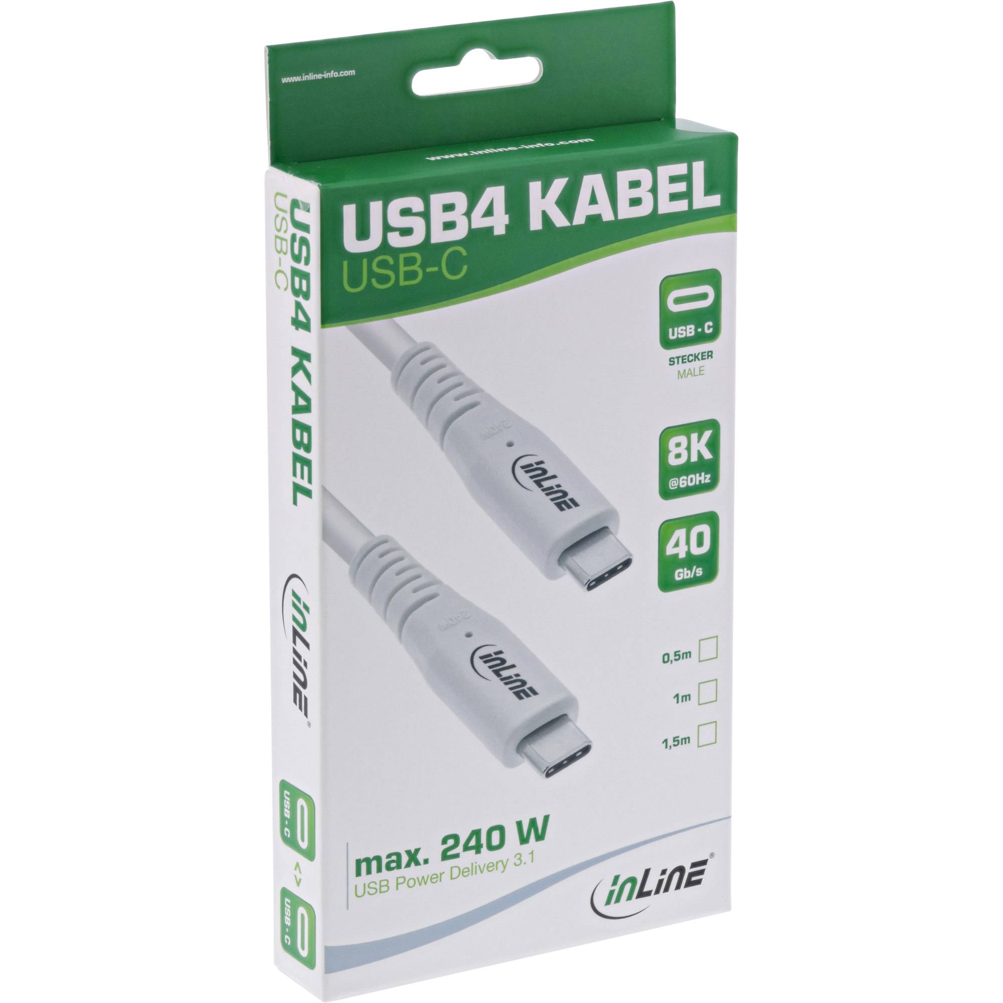INLINE - USB4 Kabel - USB-C Stecker/Stecker - PD 240W - 8K60Hz - TPE - weiß - 1m