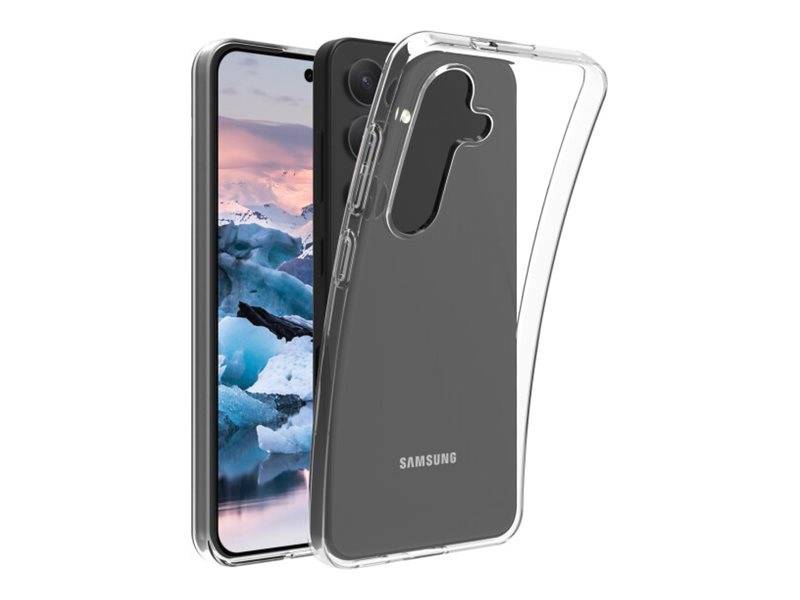 Transparente Handyhülle, die ein Samsung-Smartphone umgibt, wobei das Gerät sichtbar ist und im Hintergrund eine Landschaft mit schneebedeckten Bergen und türkisfarbenem Wasser zu sehen ist.