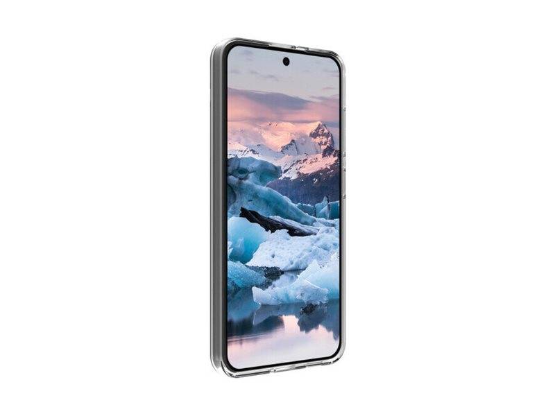 Ein Smartphone, das eine eisige Berglandschaft auf seinem Bildschirm zeigt. Das Gerät wird in einem Winkel präsentiert, wobei sein schlankes Design und dünnes Profil betont werden.