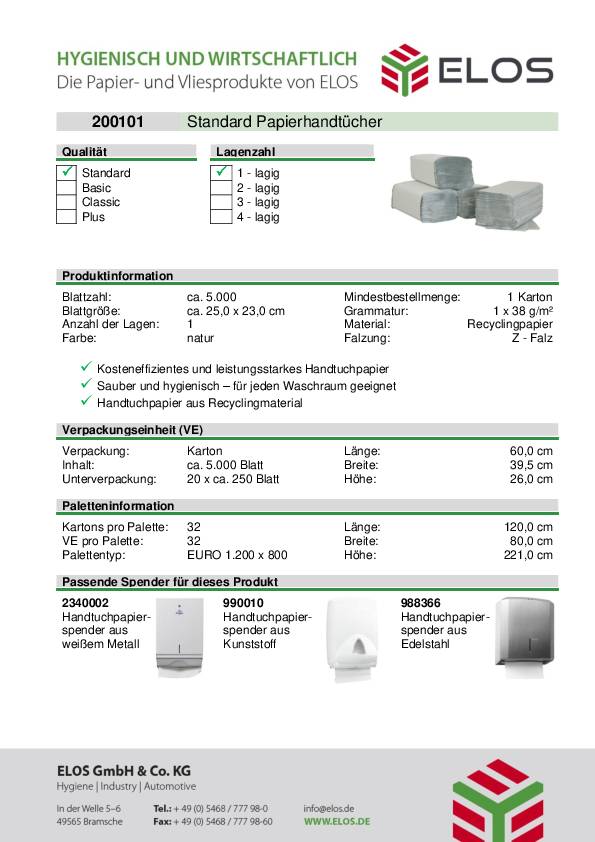 Papierhandtücher 1-lagig natur L230xB250ca.mm f.9000 469 080 5000 Tücher/KT ELOS