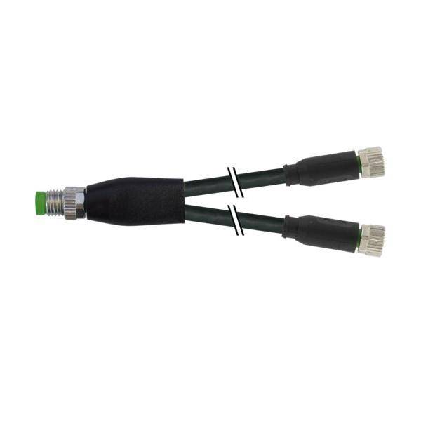Schwarzes Y-Kabel-Splitter mit einem männlichen Stecker und zwei weiblichen Steckern auf weißem Hintergrund.