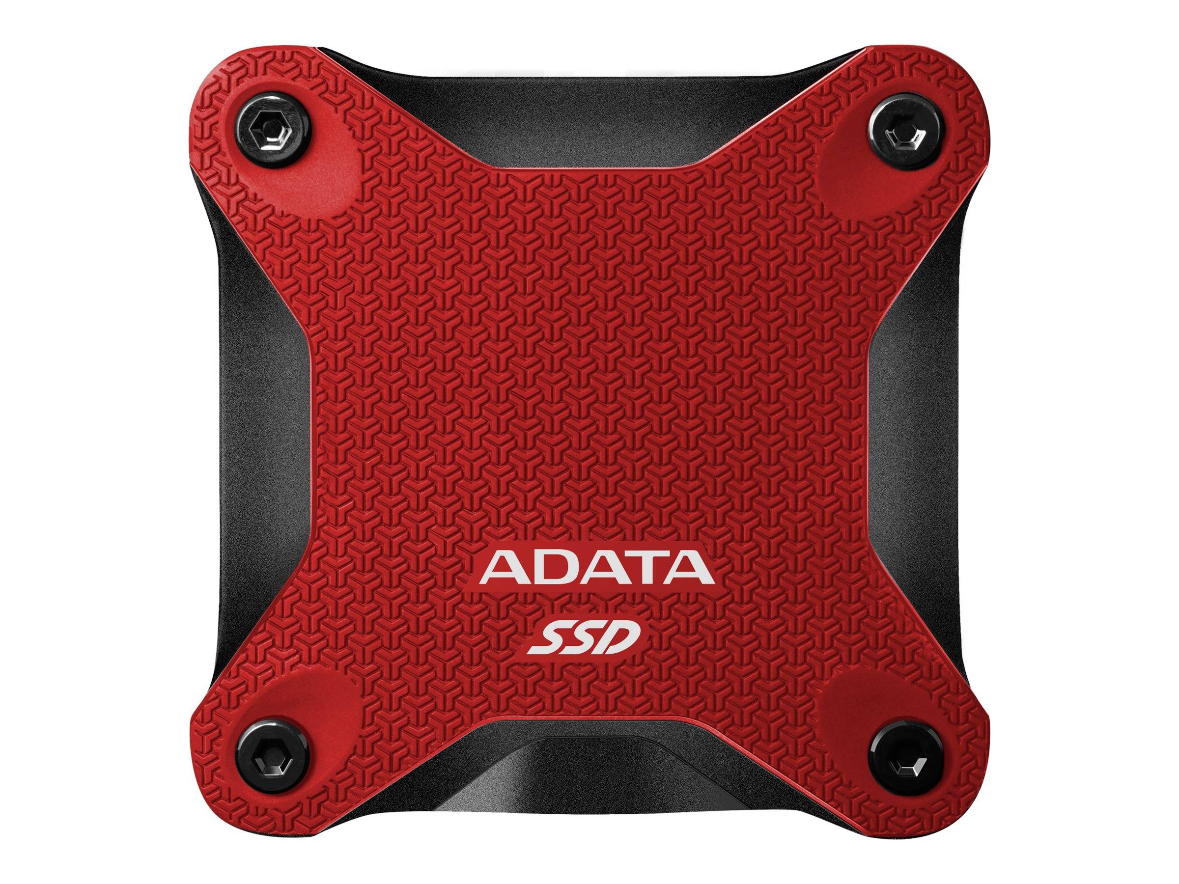 Eine rote und schwarze ADATA SSD-Festplatte mit strukturierter Oberfläche und Schraubendetails.