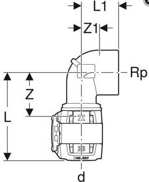 Geberit Übergangsbogen FlowFit 90Grad mit IG DN15 20mm, Rp 1/2
