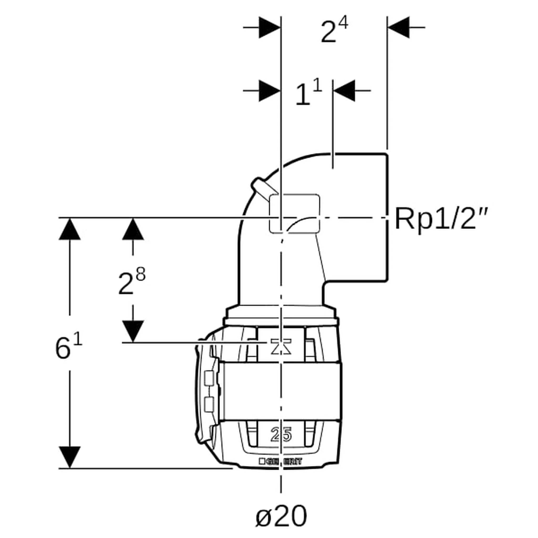 Geberit GE FlowFit, Übergangsbogen, IG, RG+, 90 Grad, d20mm x Rp1/2, 1 Stk.