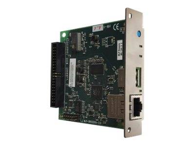 PCI-Erweiterungskarte mit Metallhalterung, Steckleisten auf der Platine und einem Ethernet-Anschluss auf weißem Hintergrund