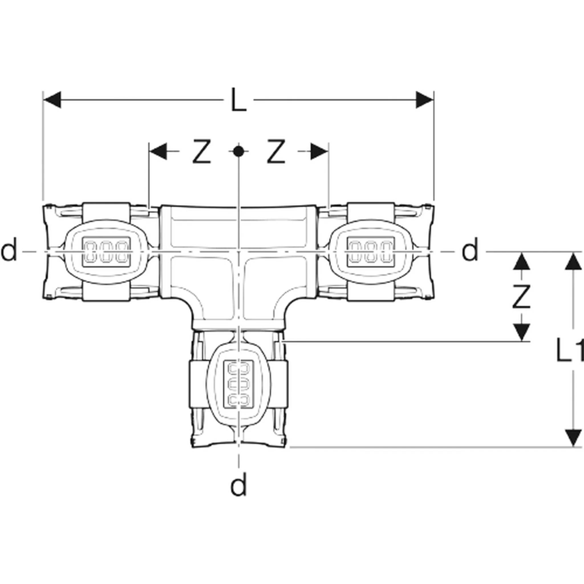 Technisches Diagramm eines T-förmigen Drei-Geräte-Layouts mit den Bezeichnungen L, L1, Z und d, das Abstände von Mitte zu Mitte und Kantenstände zeigt.