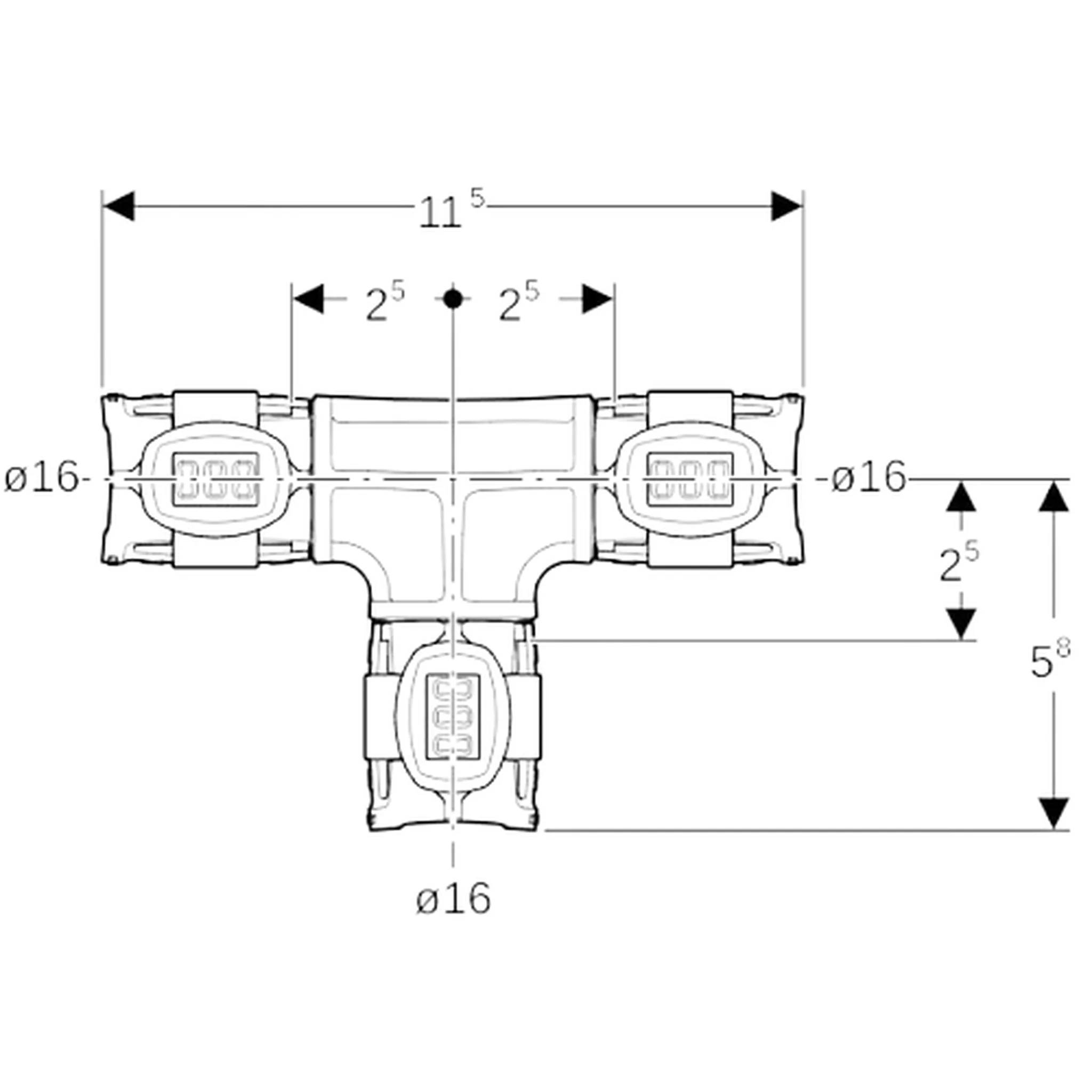Technisches Diagramm einer T-förmigen Verbindung mit drei kreisförmigen Enden, das wichtige Abmessungen zeigt, die mit 11,5 breit, 5,8 hoch und 2,5 Mittelpunktabstand bezeichnet sind, mit ø16 Öffnungen.