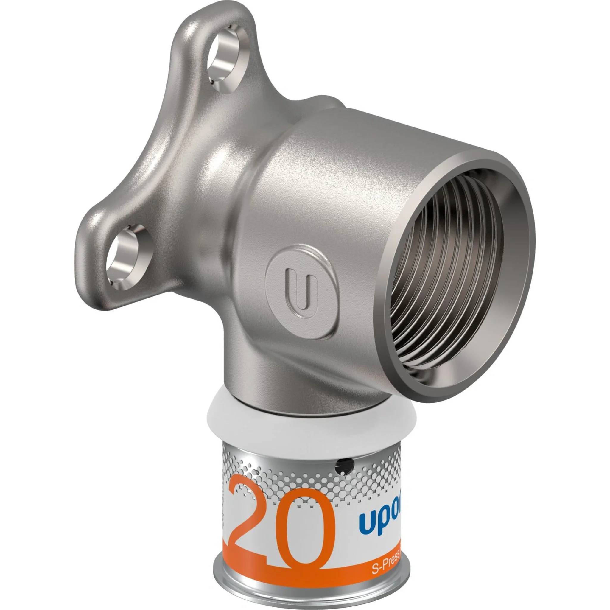 Metallisches Wandmontagerohr mit Gewindebohönung, das an einer kleinen Patrone oder einem Filtergehäuse mit der Bezeichnung „20