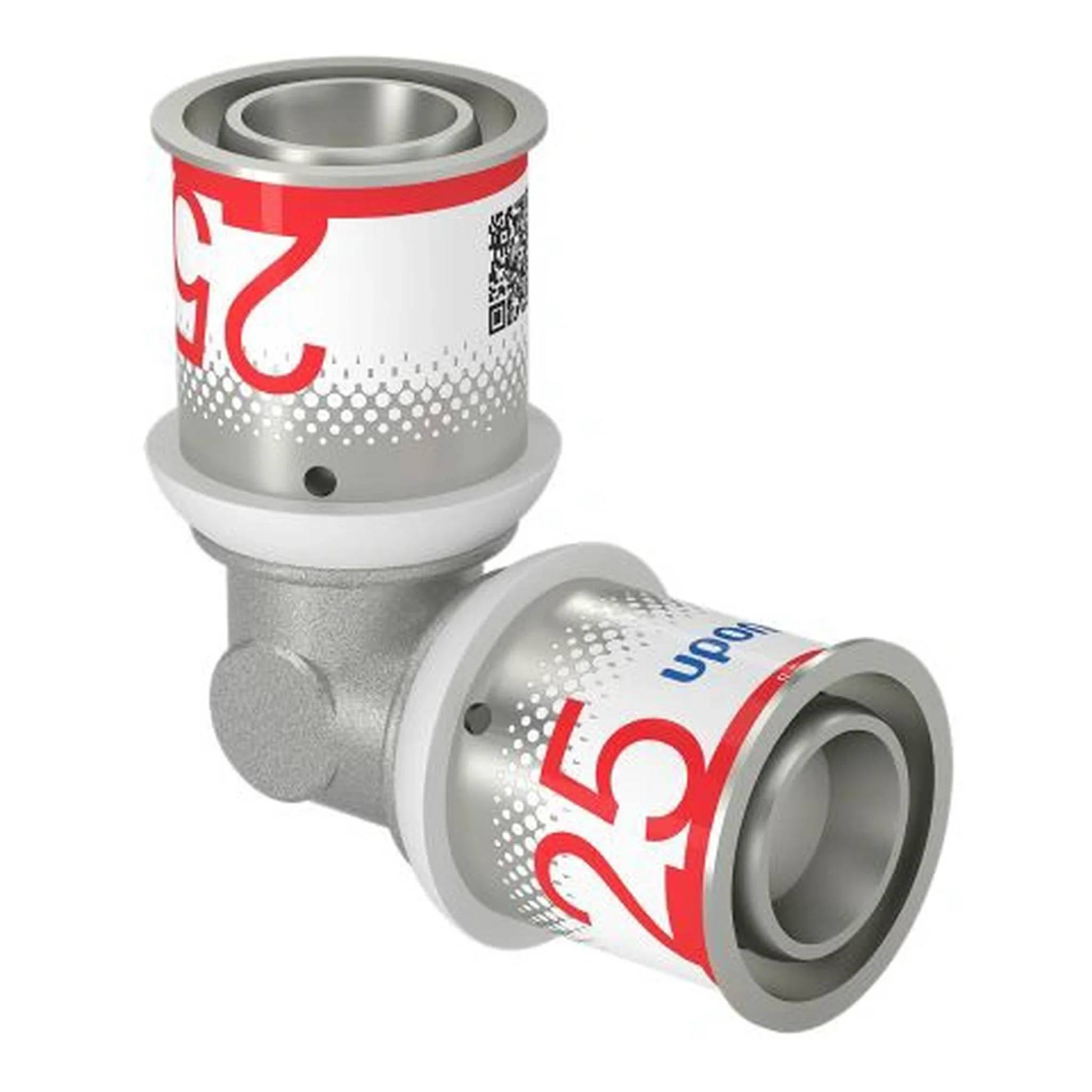 Silber-Metallrohr-Bogen 25-Grad-Sanitärfitting mit zwei Pressfitting-Anschlüssen, auf weißem Hintergrund dargestellt.
