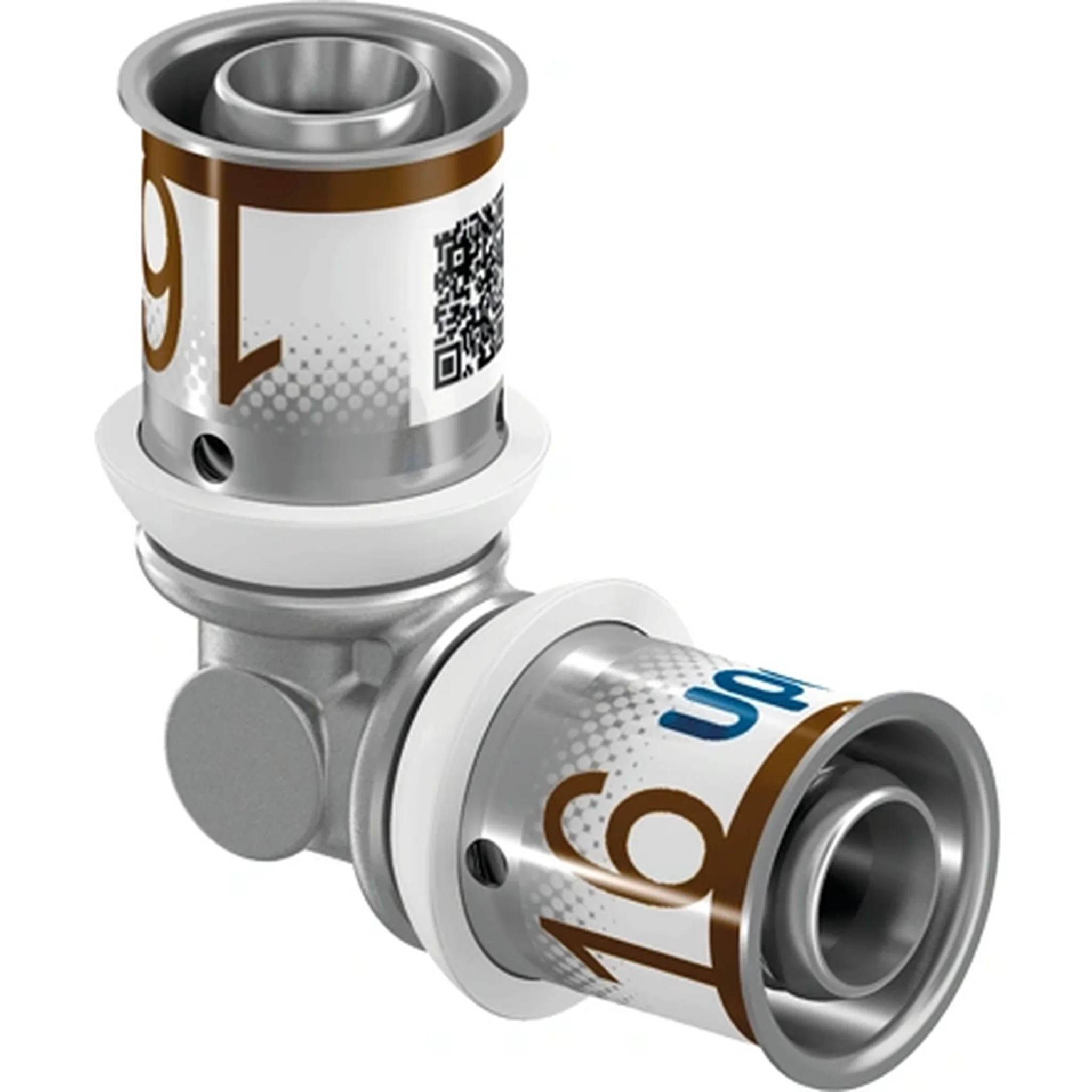 Zwei silberfarbene Pressfittings für Rohre, die in einem Winkel miteinander verbunden sind, mit braunen und blauen Markierungen und einem QR-Code auf dem Gehäuse.