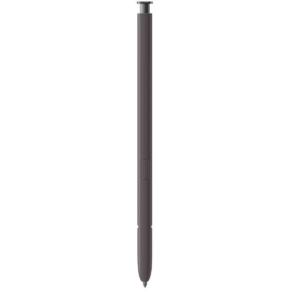 Ein dunkelgrauer Eingabestift mit schlankem zylindrischem Körper und spitzer Spitze, aufrecht auf einfachem weißem Hintergrund dargestellt.